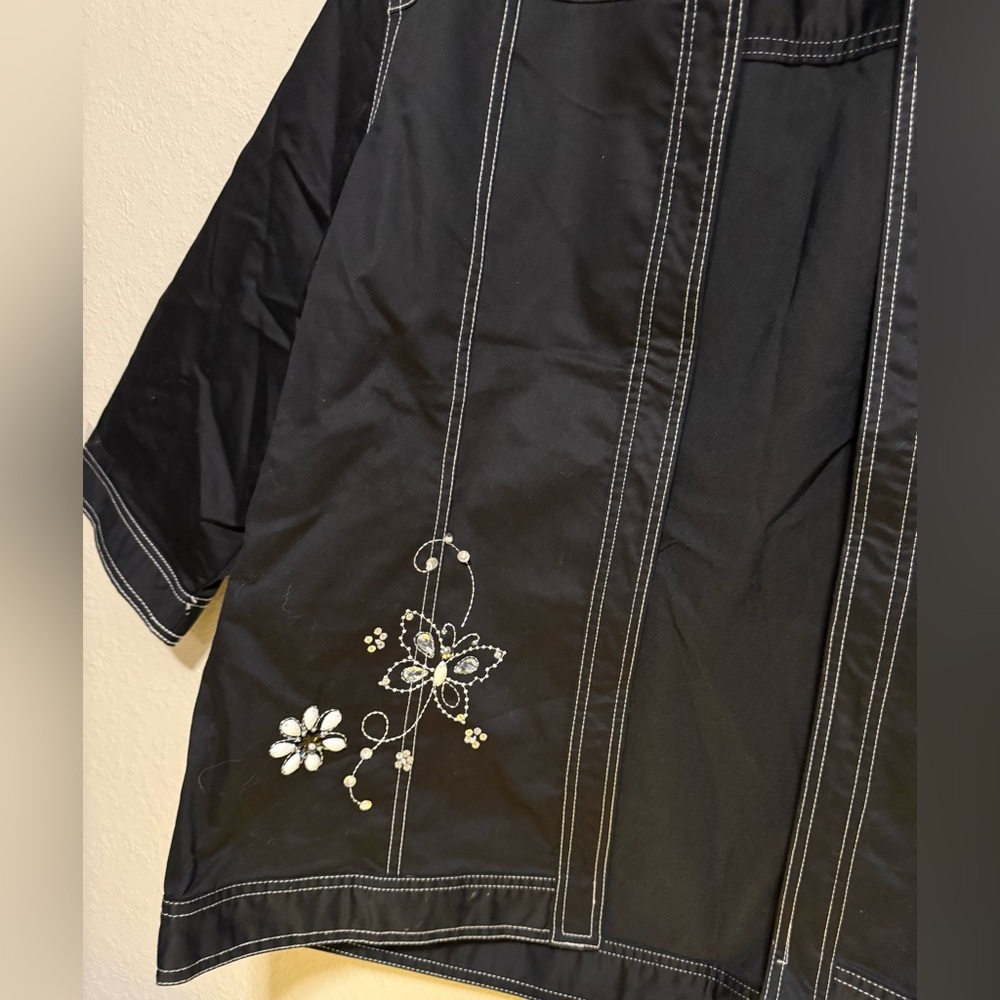 Alfred Dunner Embellished Black Jacket Size 18 Open Front Floral Embroidered Top - Picture 5 of 6